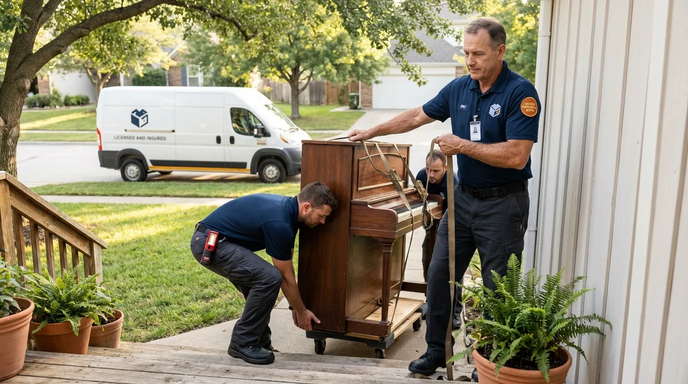 Licensed piano movers securing grand piano in Bourbon, IN