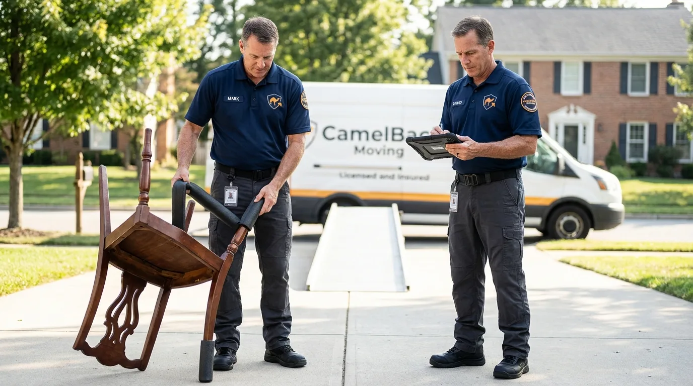 Movers inspecting furniture for damage prevention before loading in Bourbon, IN